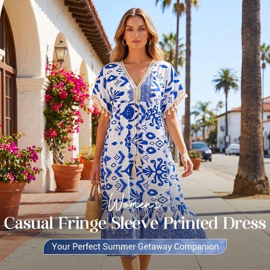 😍⏳Summer Hot Sale 49% Off🌼Printed Casual Dress With V-Neckline and Fringes on the Short Sleeves