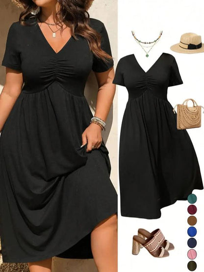 📢📢49% OFF !! ⏰Plus Size V-Neck Ruched Short Sleeve Midi Dress, Casual Summer Flowy A-Line Dress, Women's Fashion Clothing