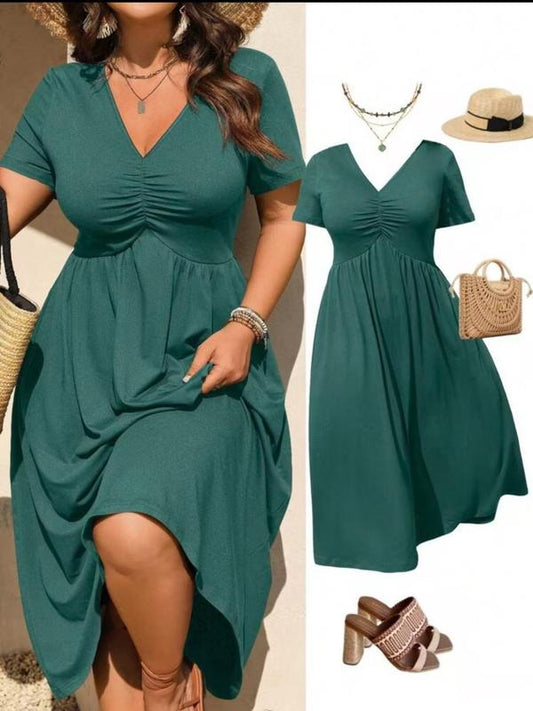 📢📢49% OFF !! ⏰Plus Size V-Neck Ruched Short Sleeve Midi Dress, Casual Summer Flowy A-Line Dress, Women's Fashion Clothing