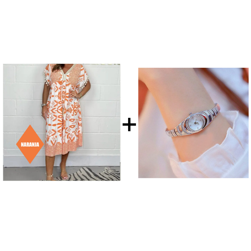😍⏳Summer Hot Sale 49% Off🌼Printed Casual Dress With V-Neckline and Fringes on the Short Sleeves