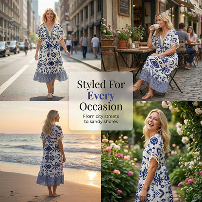 😍⏳Summer Hot Sale 49% Off🌼Printed Casual Dress With V-Neckline and Fringes on the Short Sleeves