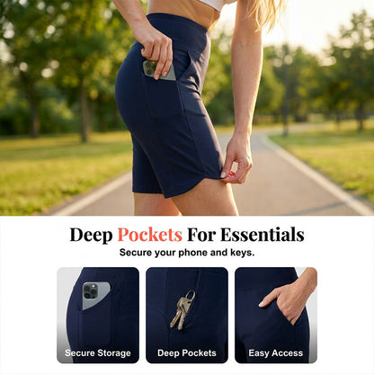 🩳50% OFF LIMITED TIME! ✨Women High Waist Bermuda Yoga Shorts with Side Pockets, Stretch Lightweight Knee-Length Athletic Shorts for Summer Daily & Travel