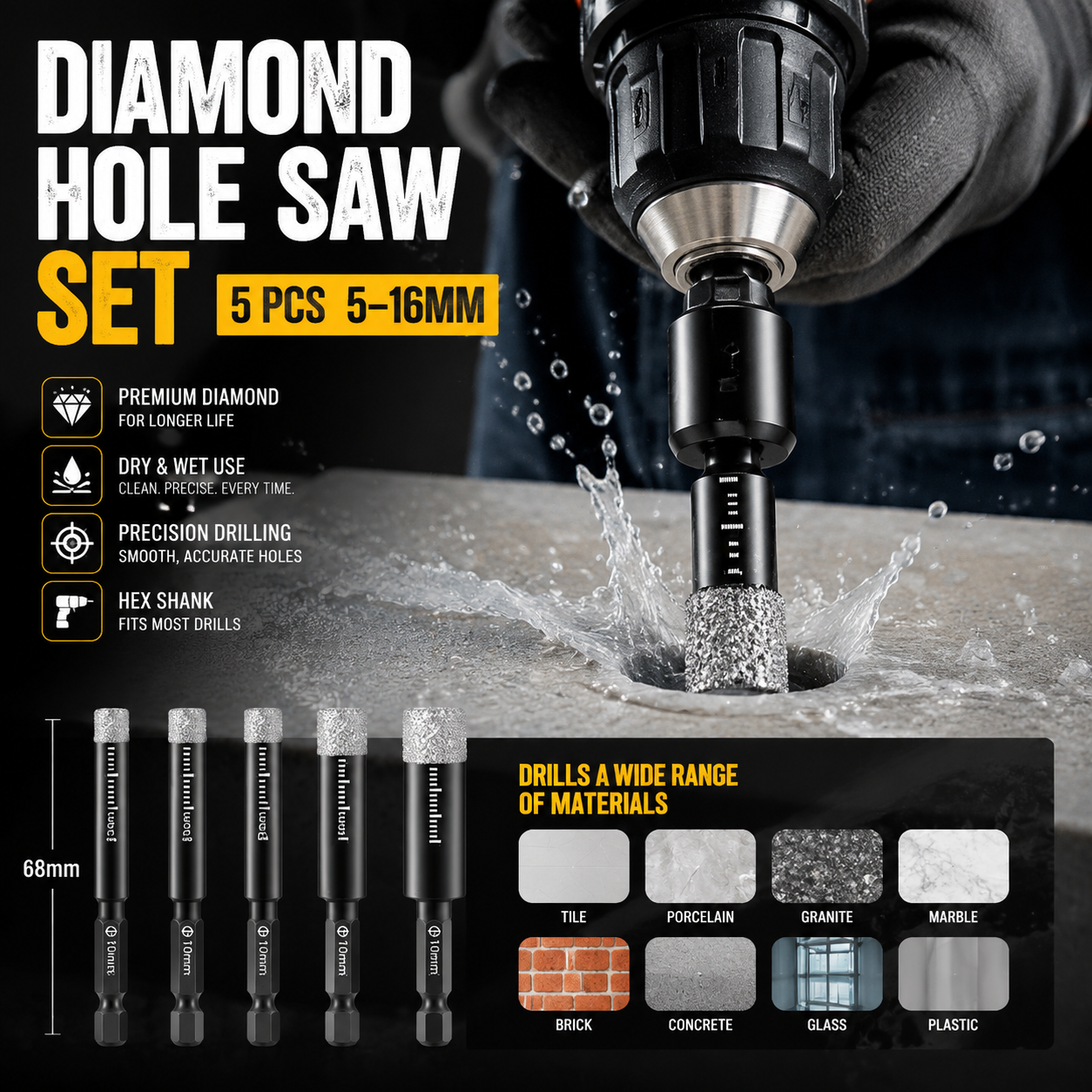 🥳2026 HOT SALE🥳💞50K+ SOLD!🪚🛡️ 50% OFF! Diamond Drill Bits Set – 5‑16mm sizes, hex shank fits most drills. Dry or wet use – smooth, precise holes every time! 💎💪