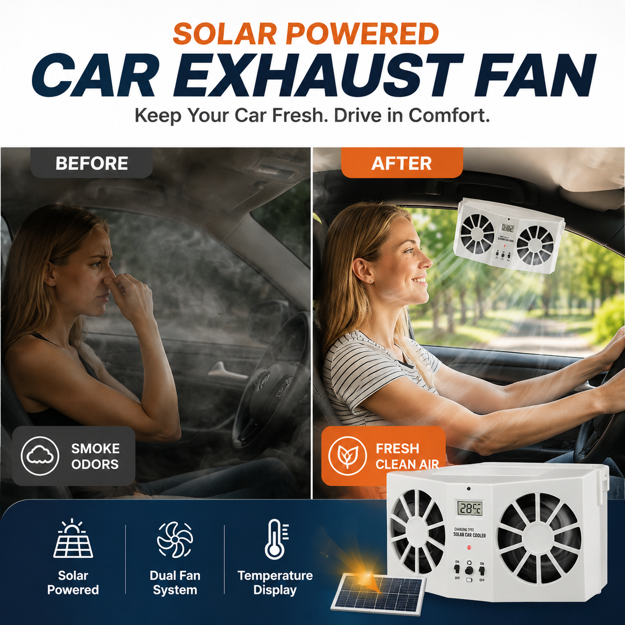 🥳2026 HOT SALE🥳🚗 50% OFF! 🚗Solar Car Exhaust Fan – Dual turbo fans expel hot air fast. Solar‑powered, no wiring. Real‑time temp display. Step into a cool car! 🌬️✨