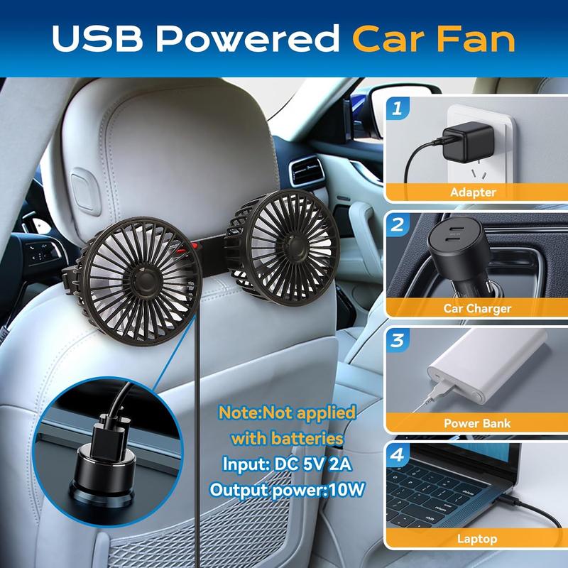 🌀✨Adjustable Car Backseat Fan, Dual-Head Electric Fan, Strong Wind USB Car Fan with 360-Degree Rotation and Large Air Volume for Rear Seats