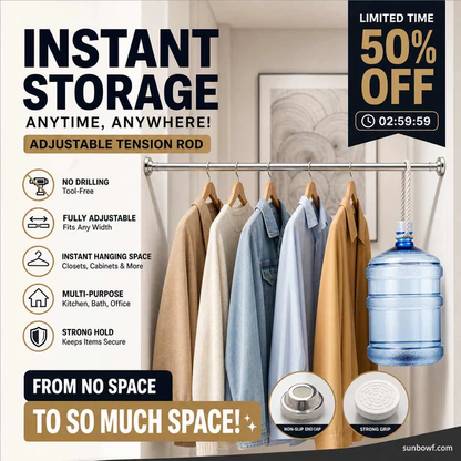 ✨ Install in seconds without drilling—adjustable tension rod for smarter storage at home 🏠