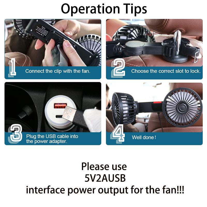 🌀✨Adjustable Car Backseat Fan, Dual-Head Electric Fan, Strong Wind USB Car Fan with 360-Degree Rotation and Large Air Volume for Rear Seats