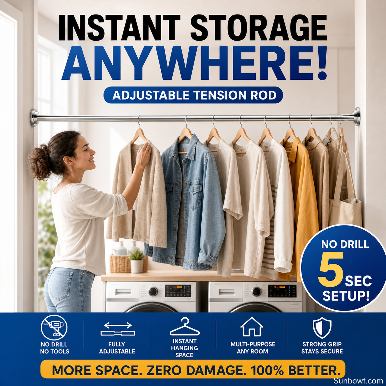 ✨ Install in seconds without drilling—adjustable tension rod for smarter storage at home 🏠