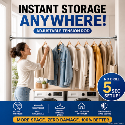 ✨ Install in seconds without drilling—adjustable tension rod for smarter storage at home 🏠