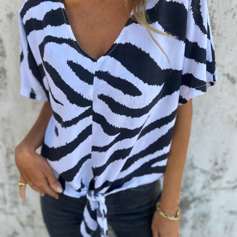 Women's V-Neck Striped Printed Casual Short-Sleeved Top