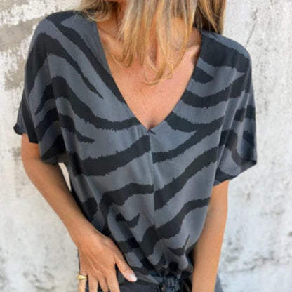 Women's V-Neck Striped Printed Casual Short-Sleeved Top