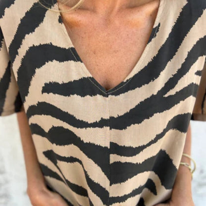 Women's V-Neck Striped Printed Casual Short-Sleeved Top