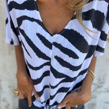 Women's V-Neck Striped Printed Casual Short-Sleeved Top