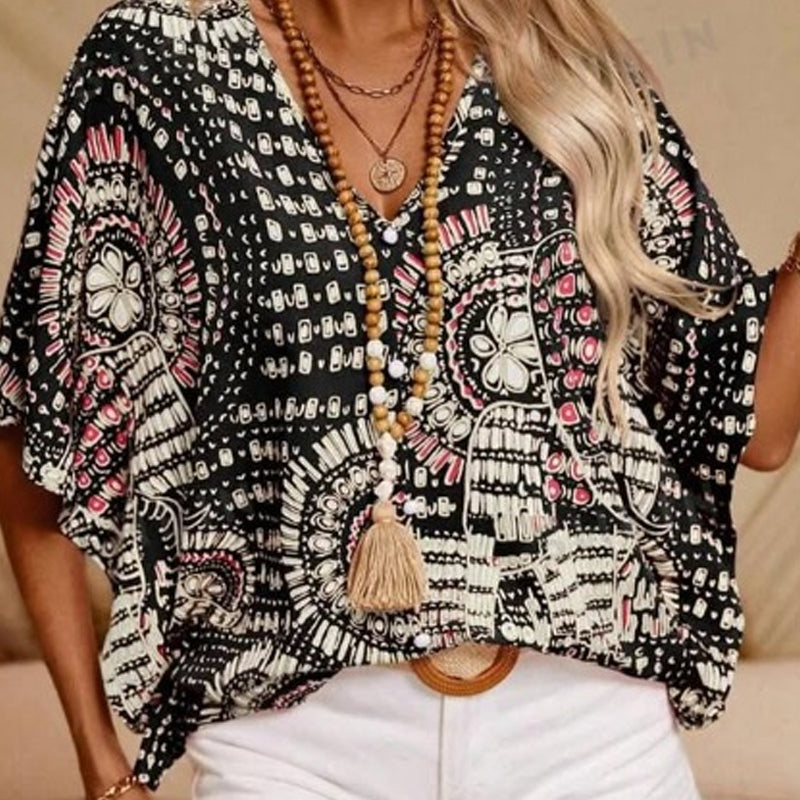 💃 Last Day Sale 50% Off 💐Women's Vacation Style Loose V-Neck Printed Top with Dolman Sleeves