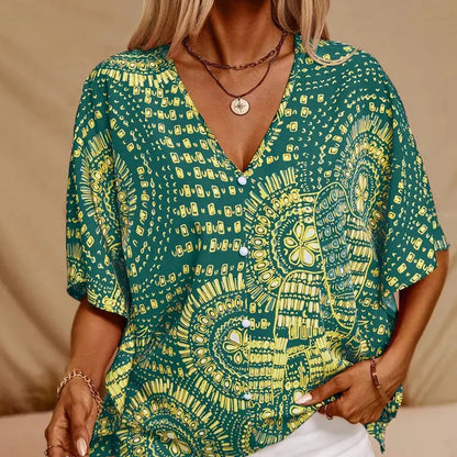 💃 Last Day Sale 50% Off 💐Women's Vacation Style Loose V-Neck Printed Top with Dolman Sleeves