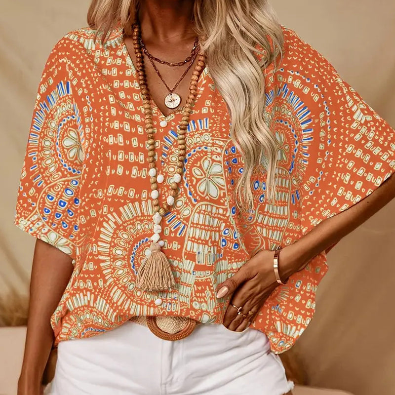 💃 Last Day Sale 50% Off 💐Women's Vacation Style Loose V-Neck Printed Top with Dolman Sleeves