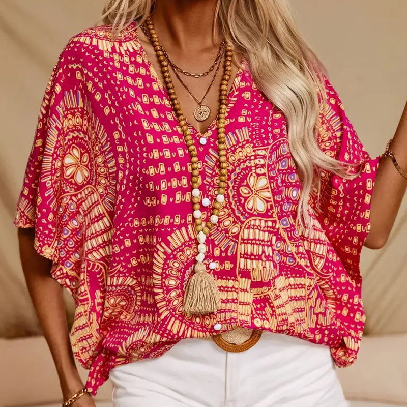 💃 Last Day Sale 50% Off 💐Women's Vacation Style Loose V-Neck Printed Top with Dolman Sleeves