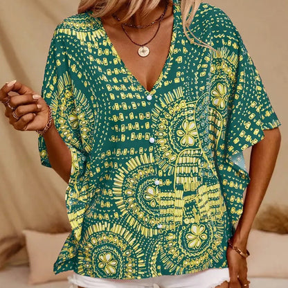 💃 Last Day Sale 50% Off 💐Women's Vacation Style Loose V-Neck Printed Top with Dolman Sleeves