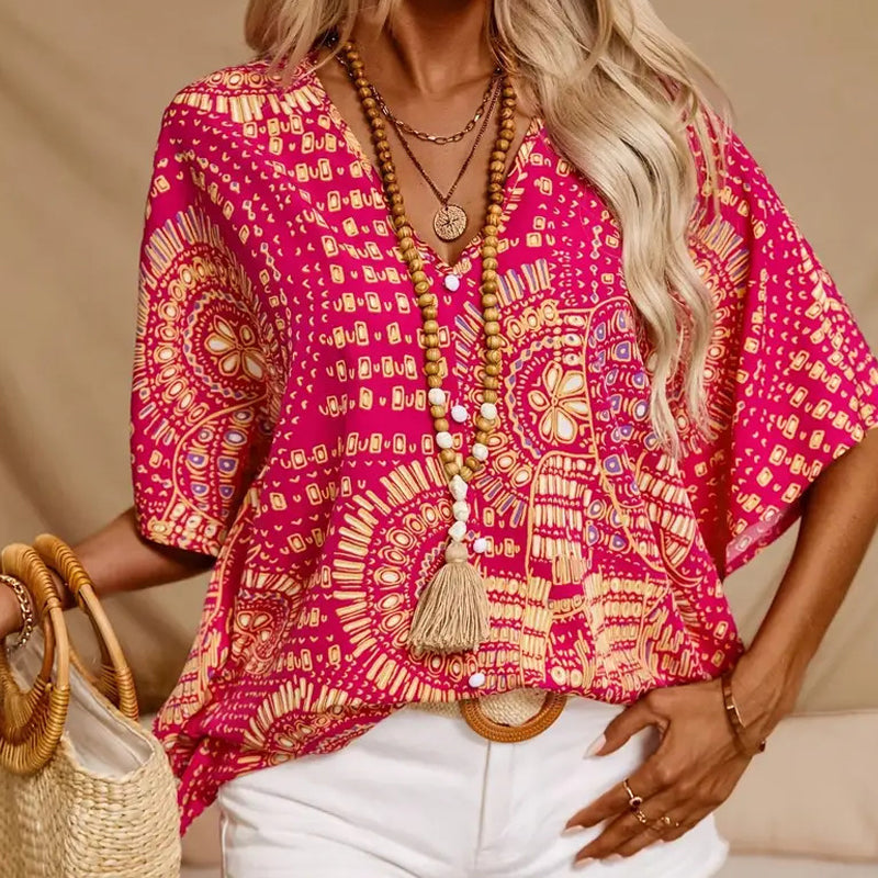 💃 Last Day Sale 50% Off 💐Women's Vacation Style Loose V-Neck Printed Top with Dolman Sleeves
