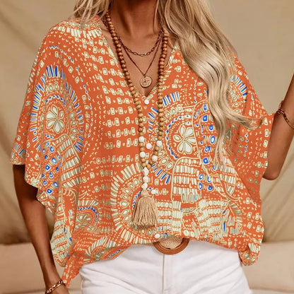 💃 Last Day Sale 50% Off 💐Women's Vacation Style Loose V-Neck Printed Top with Dolman Sleeves