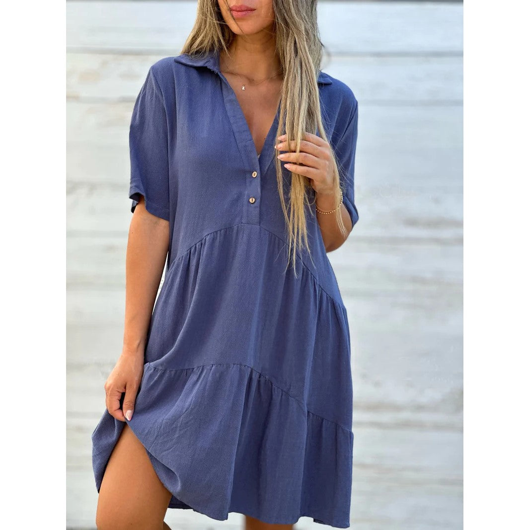 🌸 50% OFF NOW! 🌸Solid Color Comfort Lapel Button Dress