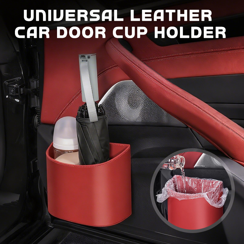 🚗50% OFF HOT SALE✨Universal PU Leather Car Door Cup Holder, Clip‑On Wide‑Mouth Car Storage Organizer for Drinks, Umbrella, Phone, Multi‑Purpose Car Interior Accessory
