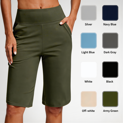 🩳50% OFF LIMITED TIME! ✨Women High Waist Bermuda Yoga Shorts with Side Pockets, Stretch Lightweight Knee-Length Athletic Shorts for Summer Daily & Travel