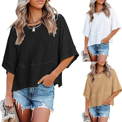 ✨2026 HOT SALE 50% OFF💃🌸Women's Solid Color Splicing Loose Five Points Flare Sleeve T-Shirt