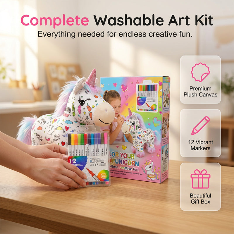 🔥50% OFF 🦄DIY Color-In Unicorn Plush Toy Kit, Washable Reusable Coloring Stuffed Animal, Creative Art Craft Set for Kids Birthday Gift