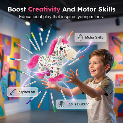 🔥50% OFF 🦄DIY Color-In Unicorn Plush Toy Kit, Washable Reusable Coloring Stuffed Animal, Creative Art Craft Set for Kids Birthday Gift