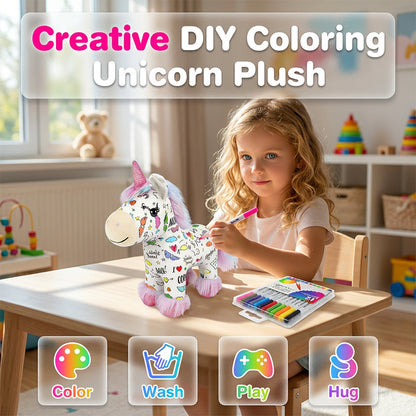 🔥50% OFF 🦄DIY Color-In Unicorn Plush Toy Kit, Washable Reusable Coloring Stuffed Animal, Creative Art Craft Set for Kids Birthday Gift