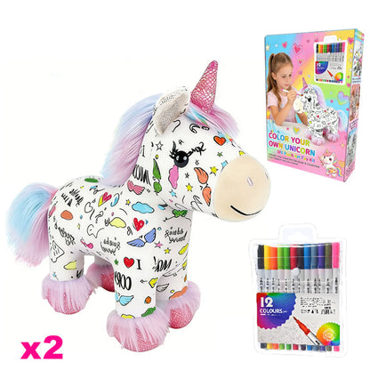 🔥50% OFF 🦄DIY Color-In Unicorn Plush Toy Kit, Washable Reusable Coloring Stuffed Animal, Creative Art Craft Set for Kids Birthday Gift