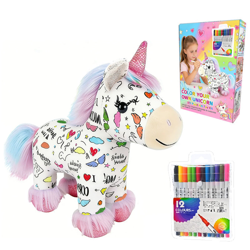 🔥50% OFF 🦄DIY Color-In Unicorn Plush Toy Kit, Washable Reusable Coloring Stuffed Animal, Creative Art Craft Set for Kids Birthday Gift