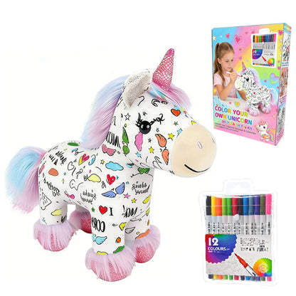 🔥50% OFF 🦄DIY Color-In Unicorn Plush Toy Kit, Washable Reusable Coloring Stuffed Animal, Creative Art Craft Set for Kids Birthday Gift
