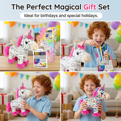 🔥50% OFF 🦄DIY Color-In Unicorn Plush Toy Kit, Washable Reusable Coloring Stuffed Animal, Creative Art Craft Set for Kids Birthday Gift