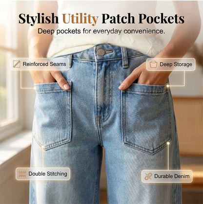👖 50% OFF NOW! 🩹 Women's Wide-Leg Jeans with Patch Pockets – Relaxed fit & vintage wash – Functional side pockets, perfect for casual days or streetwear – comfortable and stylish ✨