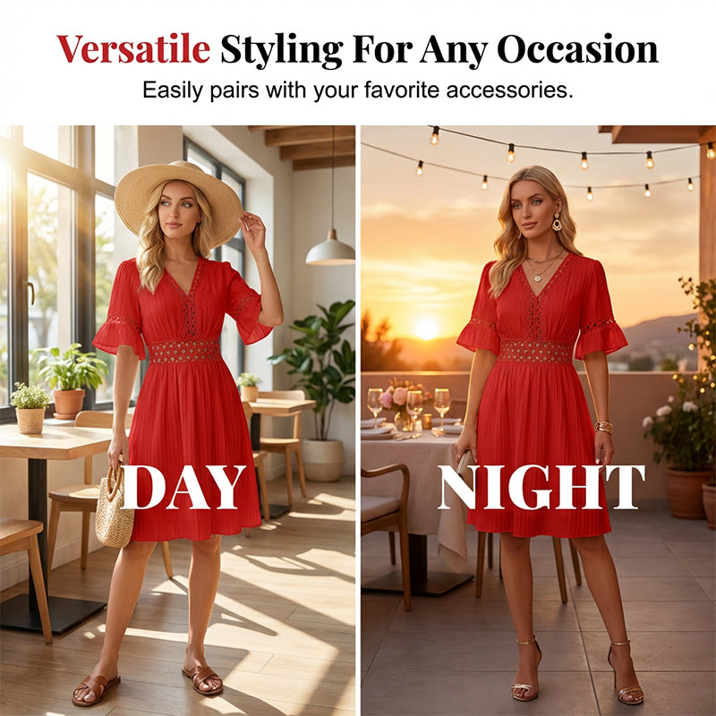 👗 LIMITED-TIME 50% OFF! ✨ Chic V-Neck Dress with Lace Cutout Details