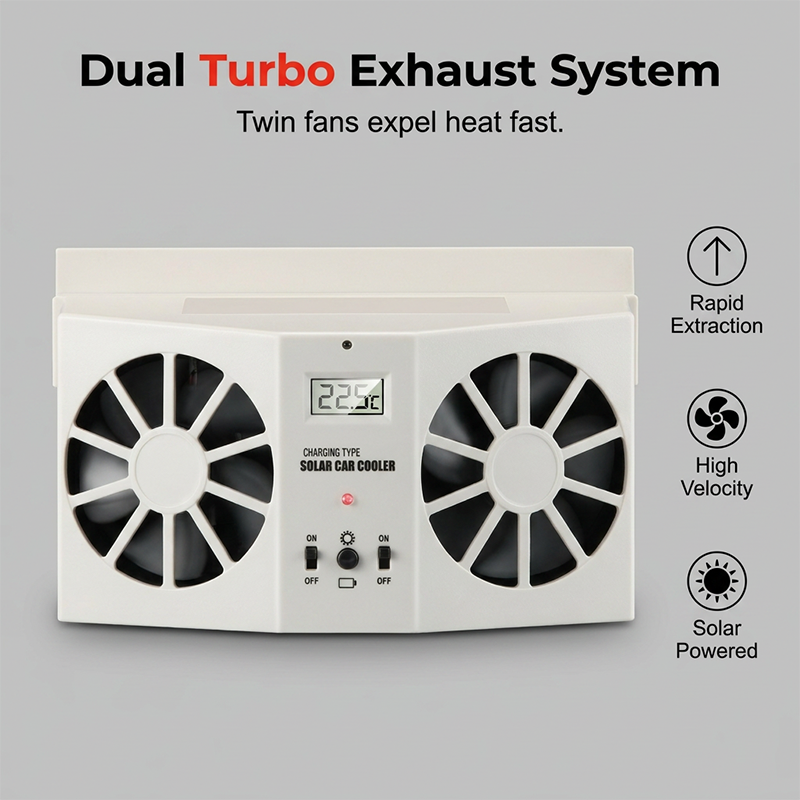 🥳2026 HOT SALE🥳🚗 50% OFF! 🚗Solar Car Exhaust Fan – Dual turbo fans expel hot air fast. Solar‑powered, no wiring. Real‑time temp display. Step into a cool car! 🌬️✨