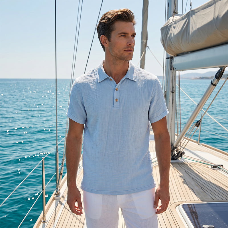 Men's Linen Casual Breathable Short Sleeve Collared Shirt