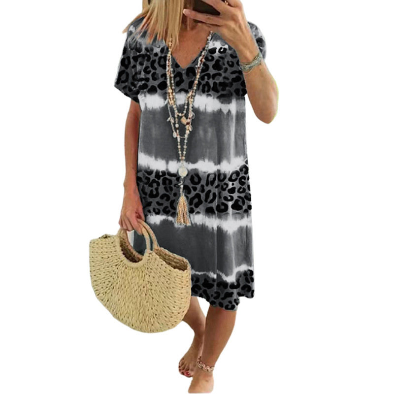 Women's Casual Tie Dye Leopard Print V-Neck Dress