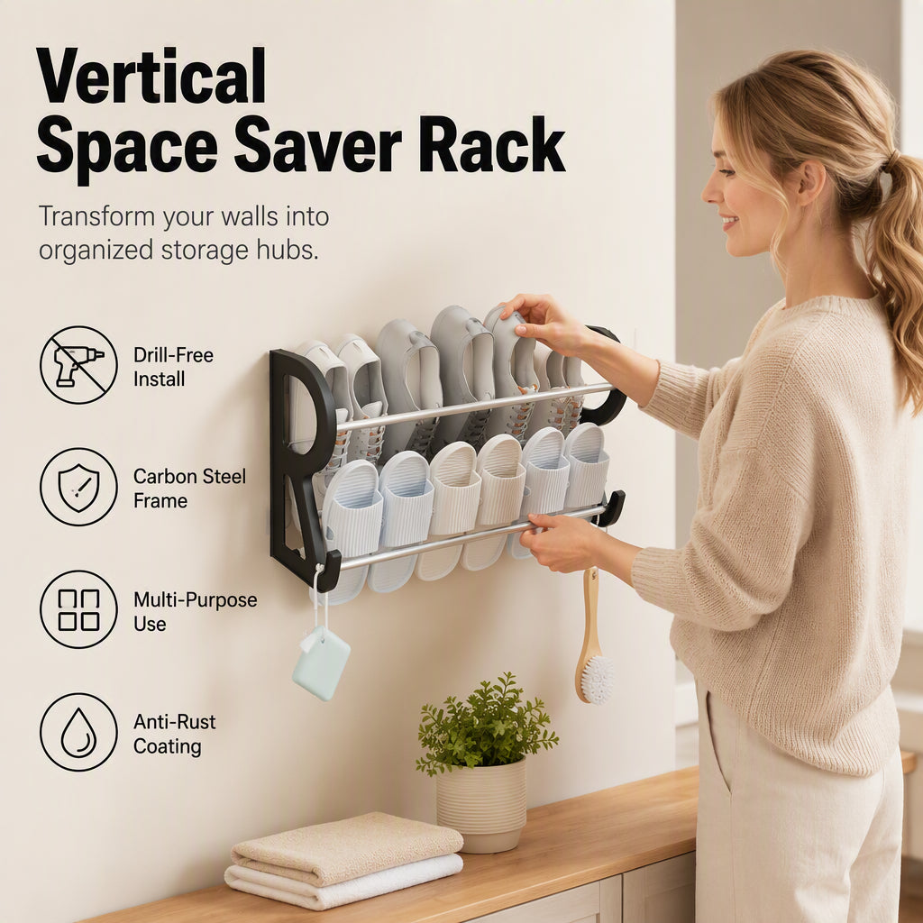 👟50% OFF NOW! Drill‑Free Wall‑Mounted Shoe Rack‑Vertical Space‑Saver Carbon Steel Shoe Organizer, Anti‑Rust No‑Drill Storage Rack for Entryway Bathroom & Closet