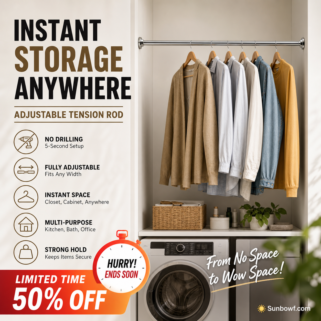 ✨ Install in seconds without drilling—adjustable tension rod for smarter storage at home 🏠